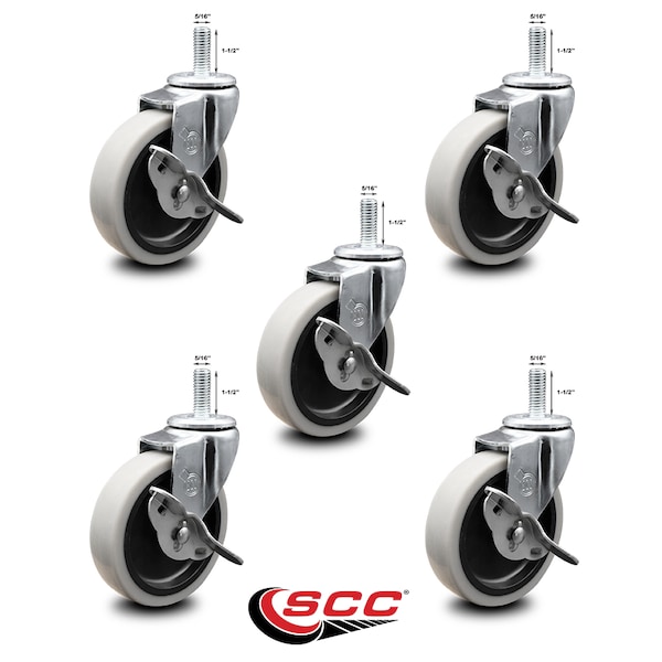 Service Caster 4 Inch Thermoplastic Wheel 5/16 Threaded Stem Caster Set with Brakes SCC, 5PK SCC-TS05S410-TPRS-SLB-5161815-5 - main